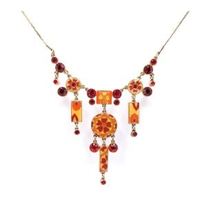 Pilgrim Gold Enamel Flower Necklace Red Swarovski Crystal Dangle